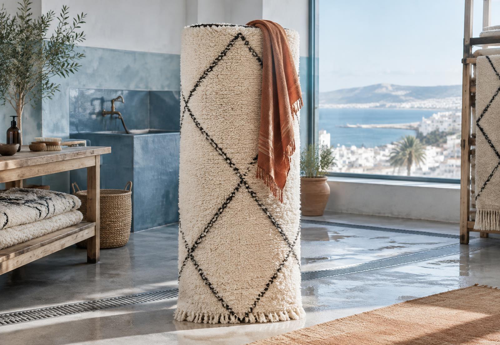 Tapis berbère lavé et roulé dans l'atelier de lavage de tapis à Tanger, face à la baie