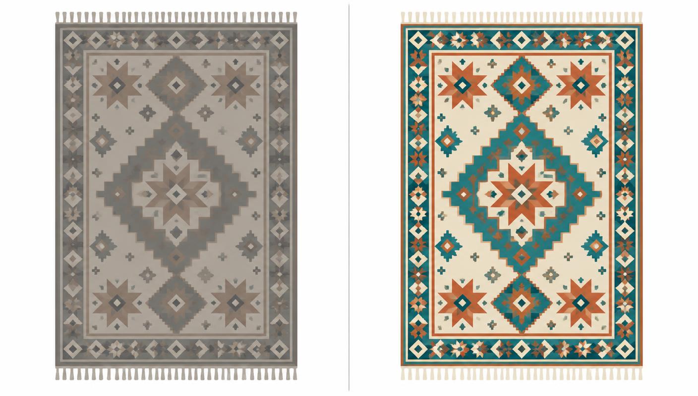 Illustration avant/après : tapis terne à gauche, tapis aux couleurs ravivées à droite